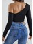 Marsilyan- Kadın Siyah Tek Omuz Detaylı Uzun Kol Crop Top Bluz 2