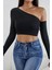 Marsilyan- Kadın Siyah Tek Omuz Detaylı Uzun Kol Crop Top Bluz 3