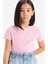 Kız Çocuk Slim Fit Dar Kesim Bisiklet Yaka Ribana Basic Düz Kısa Kollu Tişört B3054A825SM 1