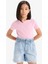 Kız Çocuk Slim Fit Dar Kesim Bisiklet Yaka Ribana Basic Düz Kısa Kollu Tişört B3054A825SM 3
