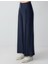 Lacivert Yüksek Bel Bol Paça Rahat Kesim Keten Pantolon 4