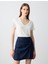 Lacivert Normal Bel Büzgü Detaylı Keten Mini Etek 1