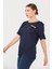 Kadın Yakası Simli T-Shirt Lacivert 5