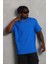 Oversize Düz Bisiklet Yaka T-Shirt - Mavi 4