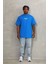Oversize Baskılı Bisiklet Yaka T-Shirt - Mavi 4