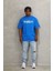 Oversize Baskılı Bisiklet Yaka T-Shirt - Mavi 4
