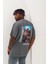 Oversize Baskılı Bisiklet Yaka T-Shirt - Füme 4