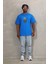 Oversize Baskılı Bisiklet Yaka T-Shirt - Mavi 4