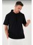 Kapşonlu Kısa Kol Düz Oversize T-Shirt - Siyah 2