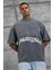 Füme Işaretli Yazı Baskılı Yıkamalı Oversize Tshirt 2