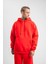 Unisex Double Oversize Kapşonlu Basic Sweatshirt - Kırmızı 5