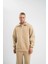 Unisex Double Oversize Patlı Yaka Sweatshirt - Bej 5