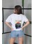 Bisiklet Yaka Baskılı Oversize T-Shirt- Beyaz 2