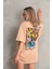 Bisiklet Yaka Baskılı Oversize T-Shirt - Bej 5