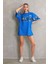 Bisiklet Yaka Baskılı Oversize T-Shirt - Mavi 1