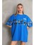 Bisiklet Yaka Baskılı Oversize T-Shirt - Mavi 5
