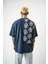 Erkek Paisley Baskılı Yıkamalı Oversize T-Shirt Indigo 1
