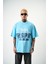 Erkek Respire Baskılı Yıkamalı Oversize T-Shirt Mavi 2