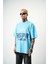 Erkek Respire Baskılı Yıkamalı Oversize T-Shirt Mavi 3