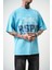 Erkek Respire Baskılı Yıkamalı Oversize T-Shirt Mavi 5