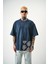 Erkek Paisley Baskılı Yıkamalı Oversize T-Shirt Indigo 2