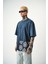 Erkek Paisley Baskılı Yıkamalı Oversize T-Shirt Indigo 3