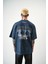 Erkek Respire Baskılı Yıkamalı Oversize T-Shirt Indigo 1