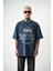 Erkek Respire Baskılı Yıkamalı Oversize T-Shirt Indigo 2