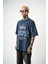 Erkek Respire Baskılı Yıkamalı Oversize T-Shirt Indigo 3