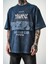 Erkek Respire Baskılı Yıkamalı Oversize T-Shirt Indigo 5