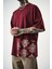 Erkek Paisley Baskılı Yıkamalı Oversize T-Shirt Bordo 5