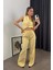 Pastel Sarı Gold Düğmeli Yelek Pantolon Takım 4