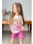Kız Çocuk Üzeri Digital Bebek ve At Baskılı Yazı Detaylı T-Shirt Mor Şortlu Takım 2