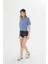 Kadın Mavi Yuvarlak Yaka Regular Fit Normal Kesim T-Shirt Tişört 3