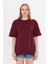 Kadın Bordo Yuvarlak Yaka Oversize Yandan Yırtmaçlı T-Shirt Tişört 2