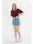 Kadın Bordo Yuvarlak Yaka Oversize Yandan Yırtmaçlı T-Shirt Tişört 4