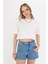 Kadın Beyaz Baskısız Yuvarlak Yaka Crop Tişört T-Shirt 2