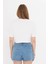 Kadın Beyaz Baskısız Yuvarlak Yaka Crop Tişört T-Shirt 5