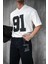 Erkek Oversize Baskılı V Yaka Forma T-Shirt Ekru 2