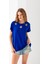 Kadın Saks Mavi Yakası Lazer Kesim Taş Detaylı Viskon Penye Bluz 3