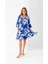 Kadın Mavi Beyaz Geniş Bağcıklı Yaka Eteği Fırfırlı Viskon Dokuma Elbise 5