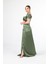 Haki Drape Detaylı Saten Kumaş Abiye Elbise 9704858.23 4
