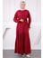 Bordo Eteği Büzgülü Beli Kuşaklı Linda Elbise 1