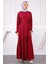 Bordo Eteği Büzgülü Beli Kuşaklı Linda Elbise 2