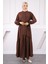 Kahve Eteği Büzgülü Beli Kuşaklı Linda Elbise 1