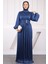 Lacivert Piliseli Taşlı Şifon Abiye 1