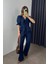 Lacivert Bağcıklı Bluz Bol Paça Müslin Pantolon Takım 5