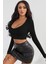 Kadın Siyah Uzun Kol Kare Yaka Crop Top Bluz 4