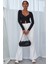 Kadın Siyah Uzun Kollu Düğmeli Göğüs ve Göbek Dekolteli Crop Top Bluz 3