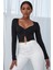Kadın Siyah Uzun Kollu Düğmeli Göğüs ve Göbek Dekolteli Crop Top Bluz 4